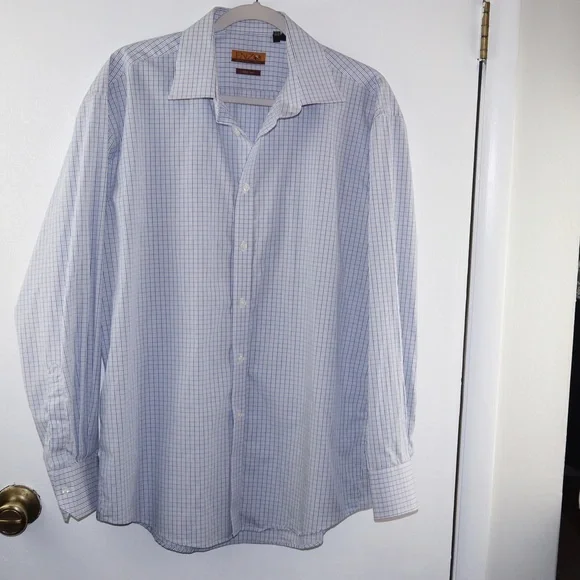 enzo tovare dress shirts ENZO Tovare mens white plaid button up long sleeve dress shirt 17.5 And  34/35